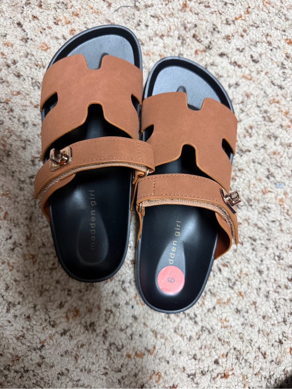 Madden Girl Cognac Brown Slide Sandals with Buckle Detail